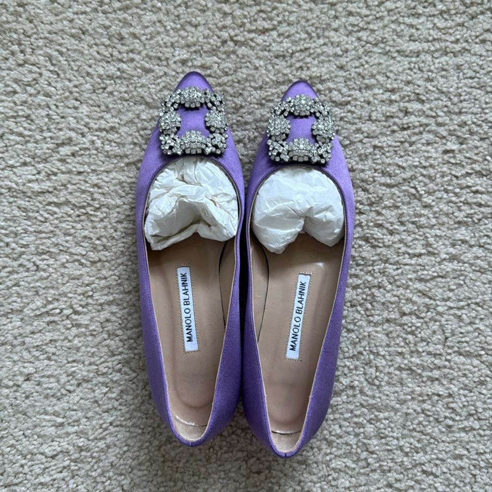 Manolo Blahnik Satin Jewel Buckle Flat Pumps